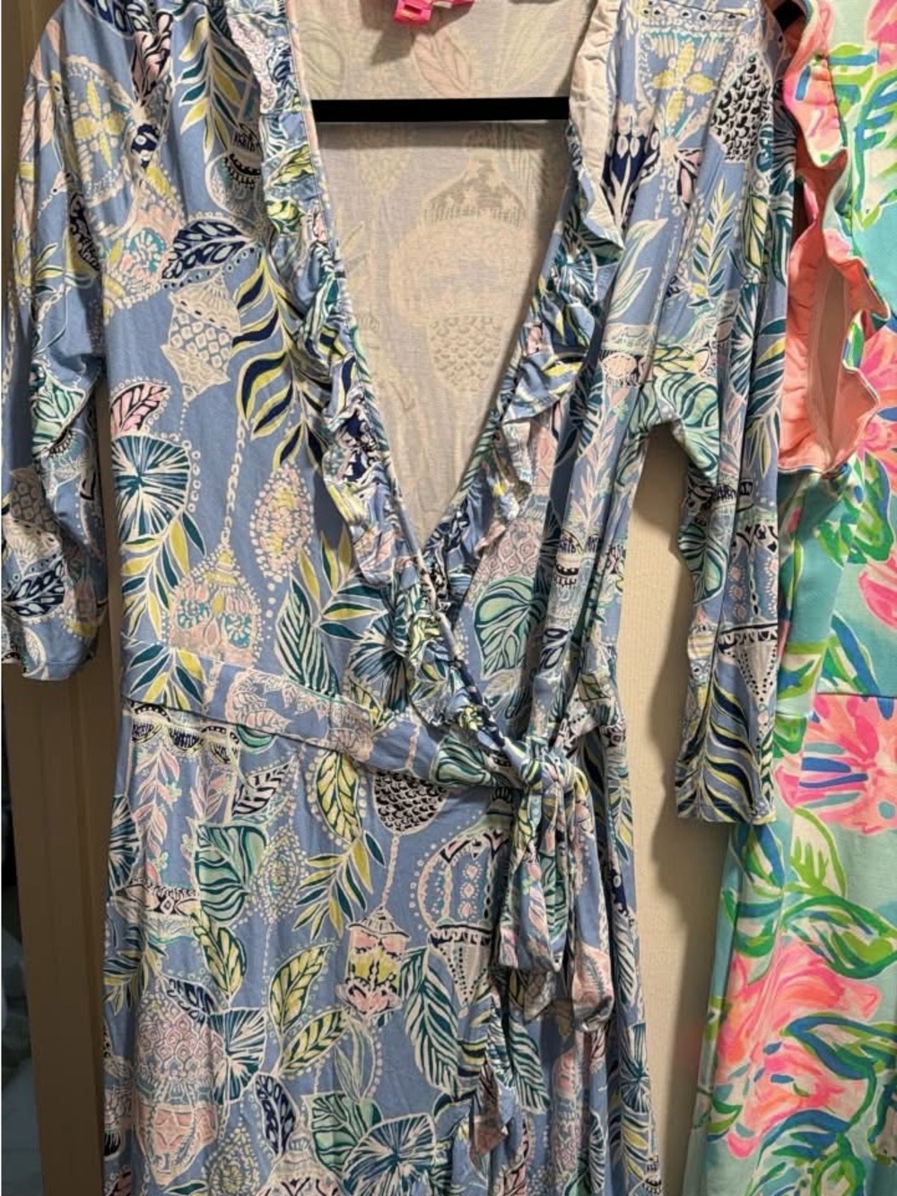 Lilly Pulitzer Light Blue Floral Wrap romper with Ruffle Trim